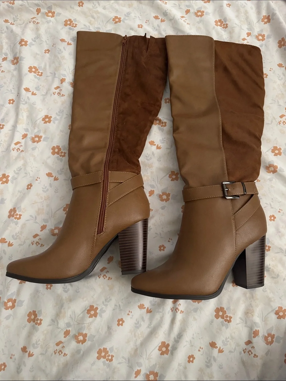 Women's Tall Two-Tone Brown Block Heel Boots